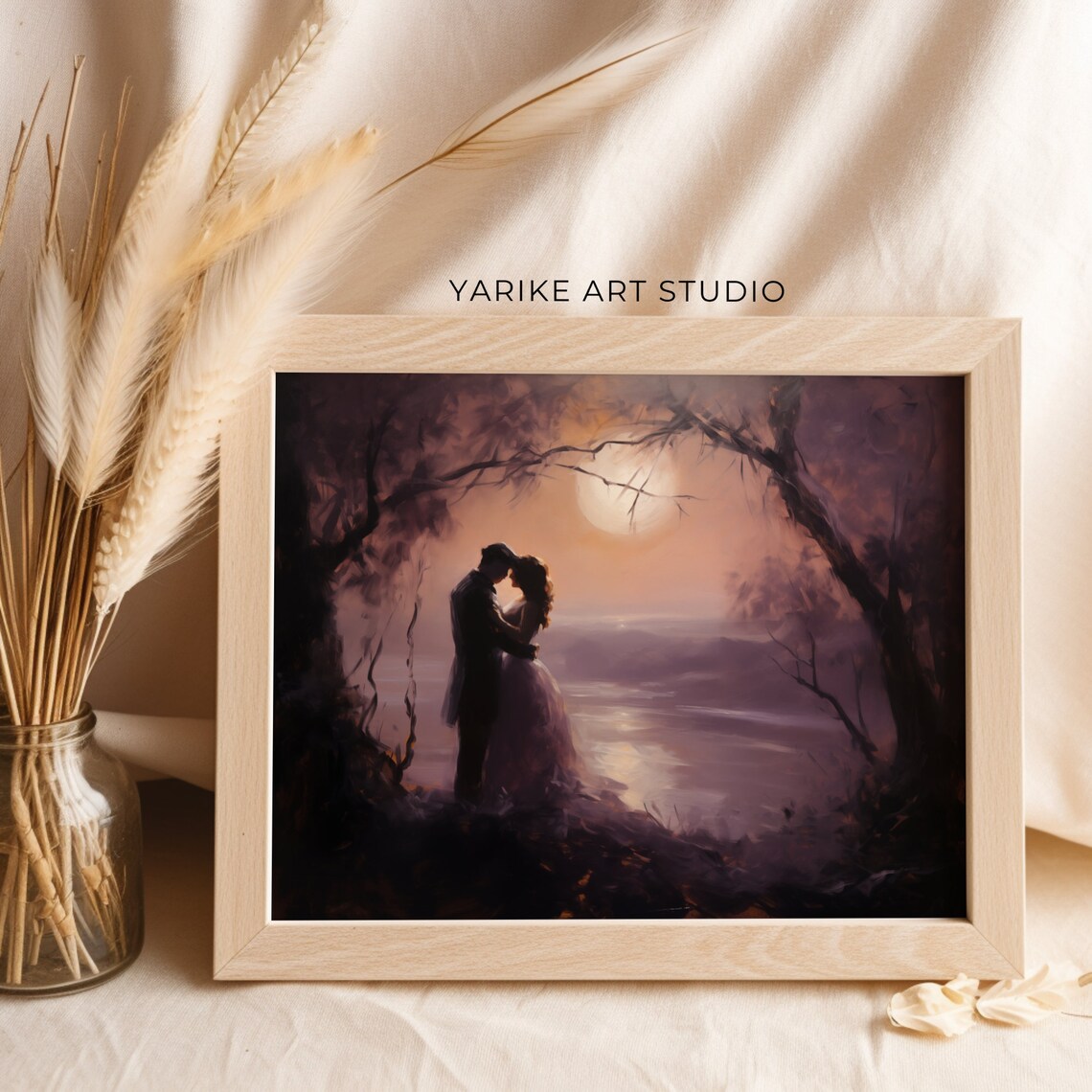 Moonlit Lovers Embrace by the Water Dark Romantic Painting Poster - Image 4
