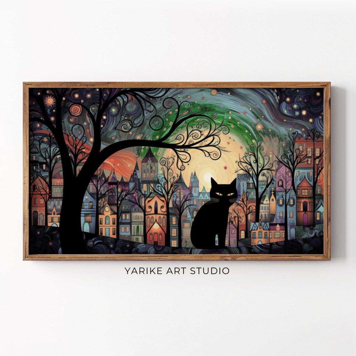 Black Cat Starry Night Town Swirling Moonlight Folk Art Poster