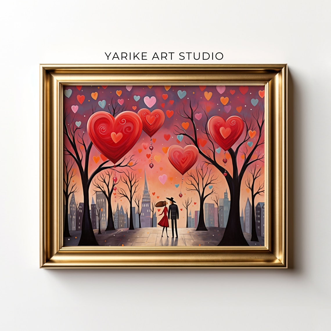Couple Under Giant Red Hearts Cityscape Folk Valentine Poster - Image 4