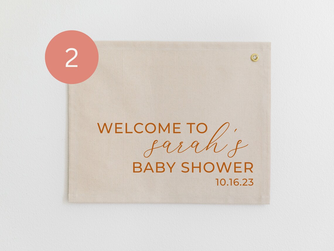 Oh Baby Personalized Baby Shower Welcome Sign Coral Serif Canvas Flag Wall Art - Image 3