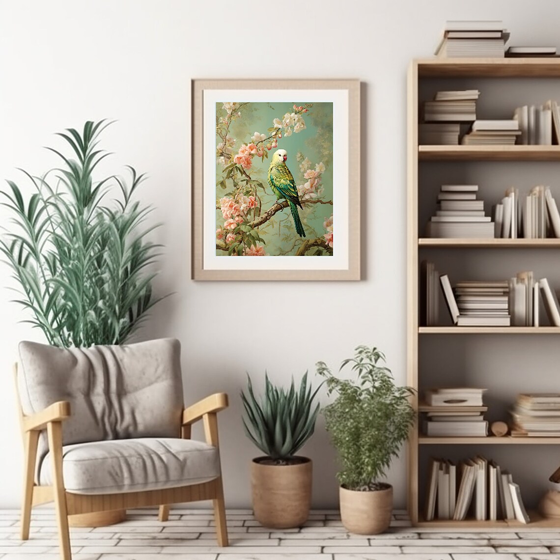 Vintage Green Parrot on Blossom Branch Chinoiserie Style Print - Image 3