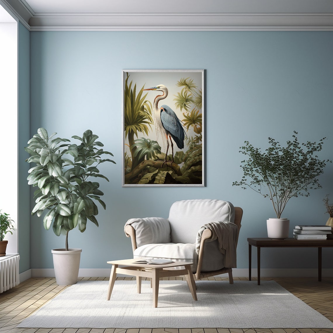 Audubon Style Grey Heron Tropical Foliage Vintage Bird Poster - Image 3