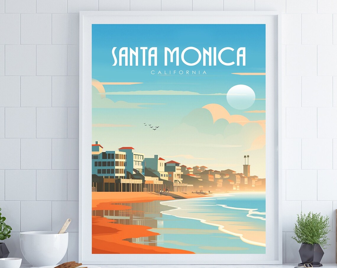 Santa Monica California Beach Sunset Shoreline Retro Travel Poster