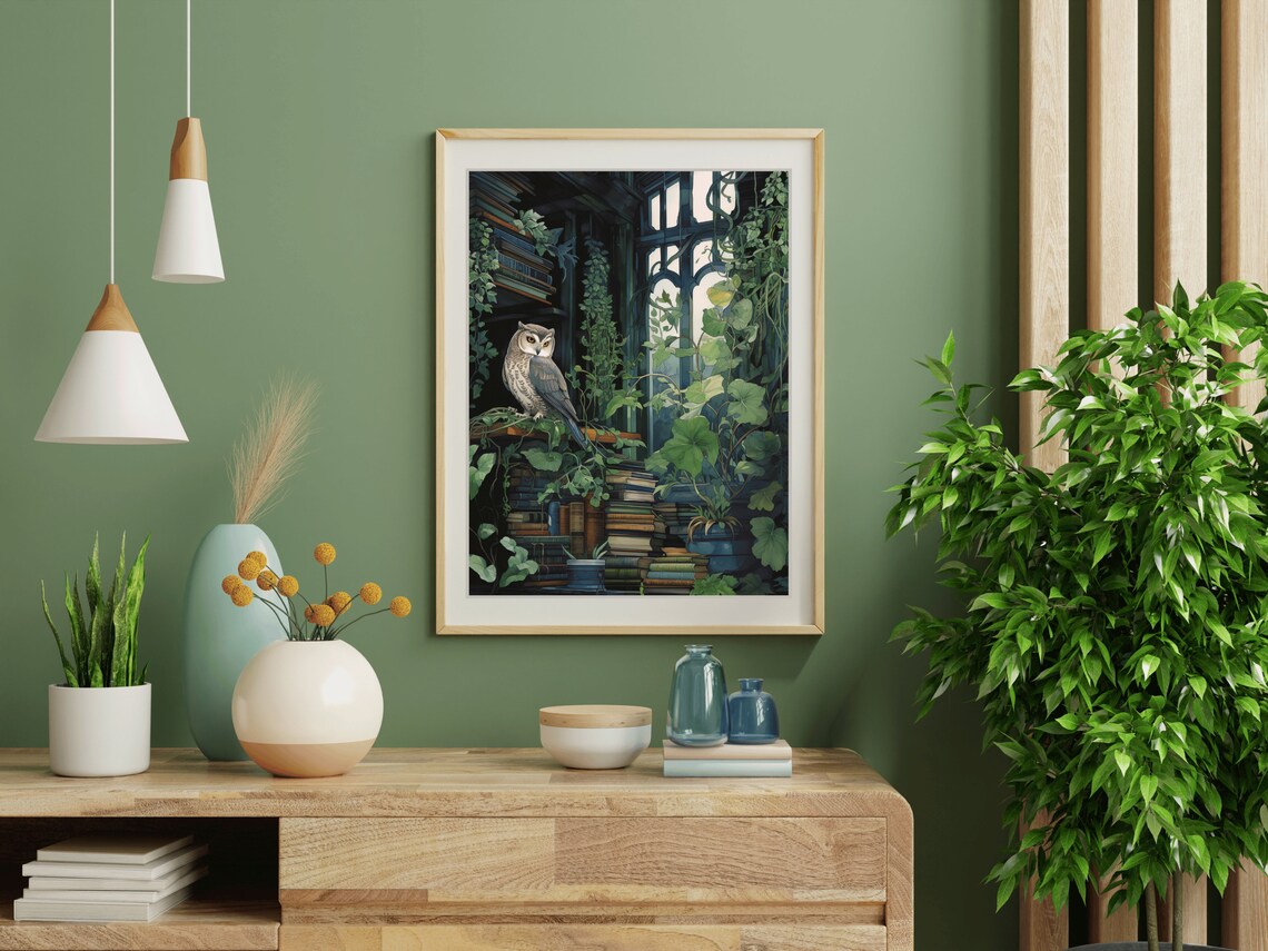 Owl Green Library Overgrown Books Vines Gothic Conservatory Painting Poster - Image 4