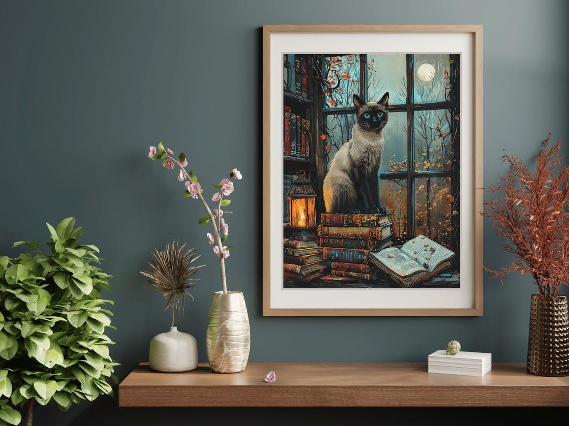 Siamese Cat On Stacked Books By A Moonlit Library Window Poster - Image 5