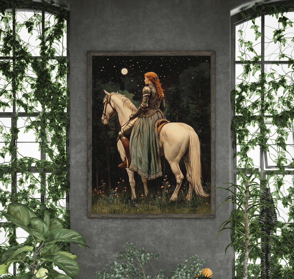 Lady Knight On White Horse Under Starry Moonlit Forest Sky Poster - Image 2