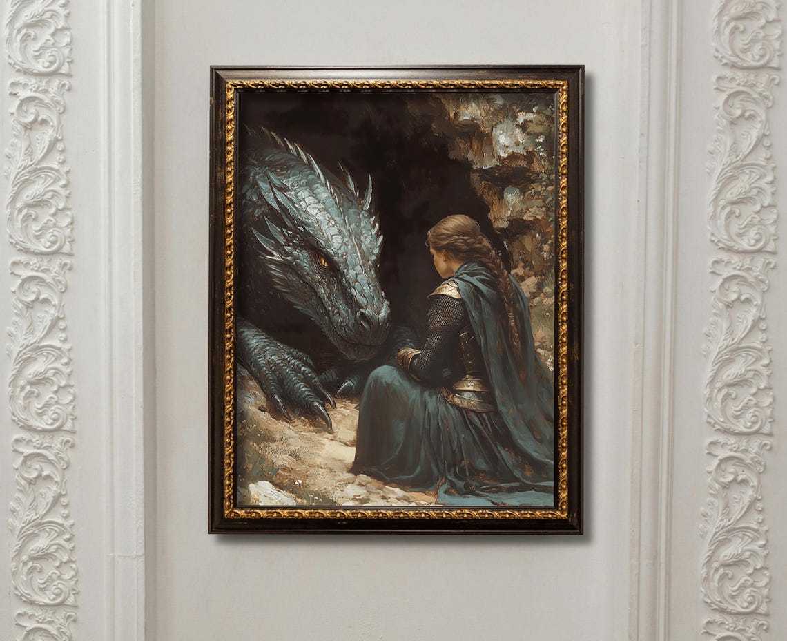 Lady Knight Teal Dragon Cave Medieval Fantasy Romantic Painting Poster - Image 2
