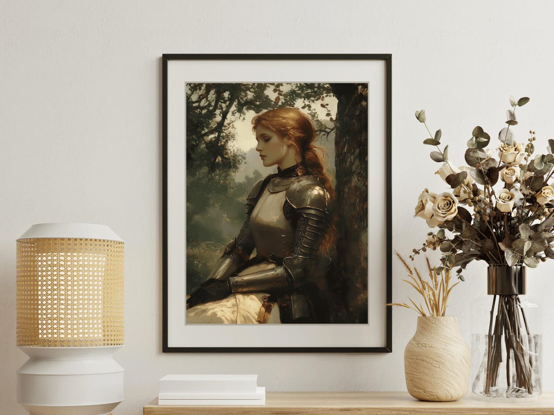 Armored Lady Knight Resting Against Ancient Tree In Forest Wall Art - Image 3