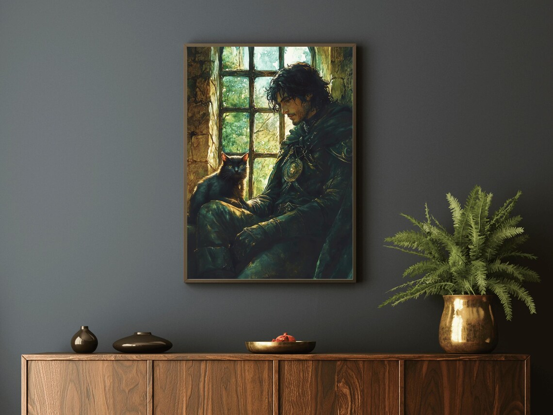 Medieval Knight With Black Cat In Castle Window Dark Academia Poster - Image 5