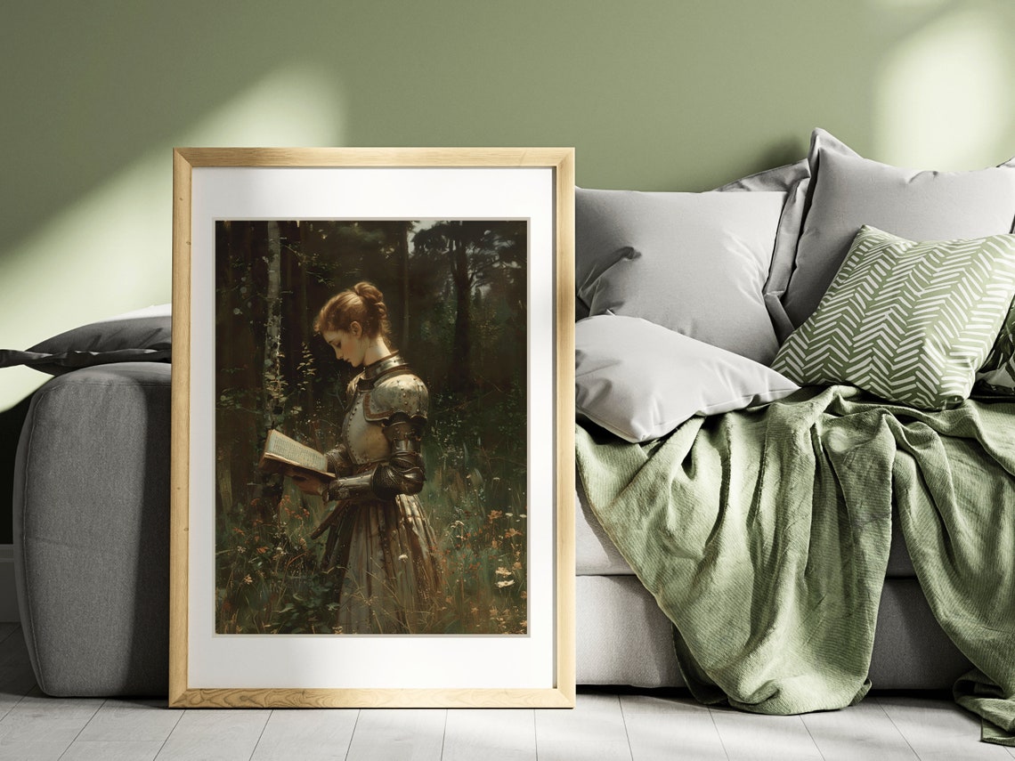 Lady Knight Reading A Book In A Sunlit Forest Meadow Wall Art - Image 3