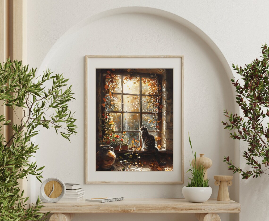 Tabby Cat Windowsill Autumn Window Sunlit Leaves Cozy Animal Painting Print - Image 5