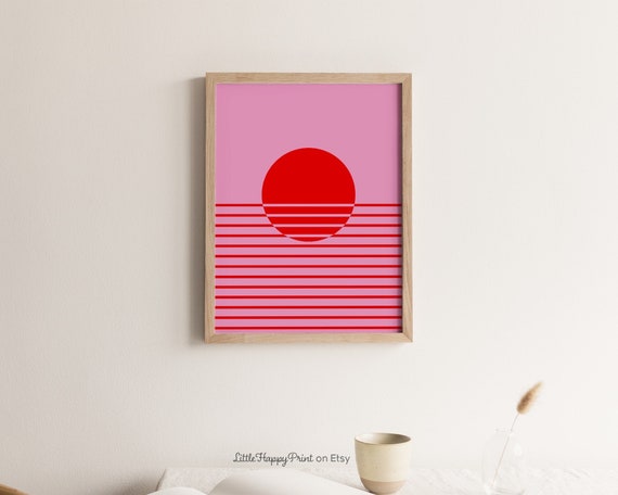 Red Pink Geometric Sunset Print Sunrise Landscape Mid Century Modern Minimalist Scandinavian Abstract Poster Home Decor Wall Art
