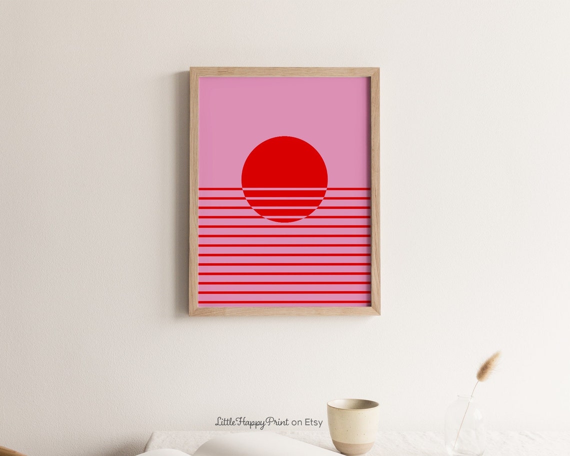 Red Pink Geometric Sunset Minimalist Sun and Stripes Art Poster