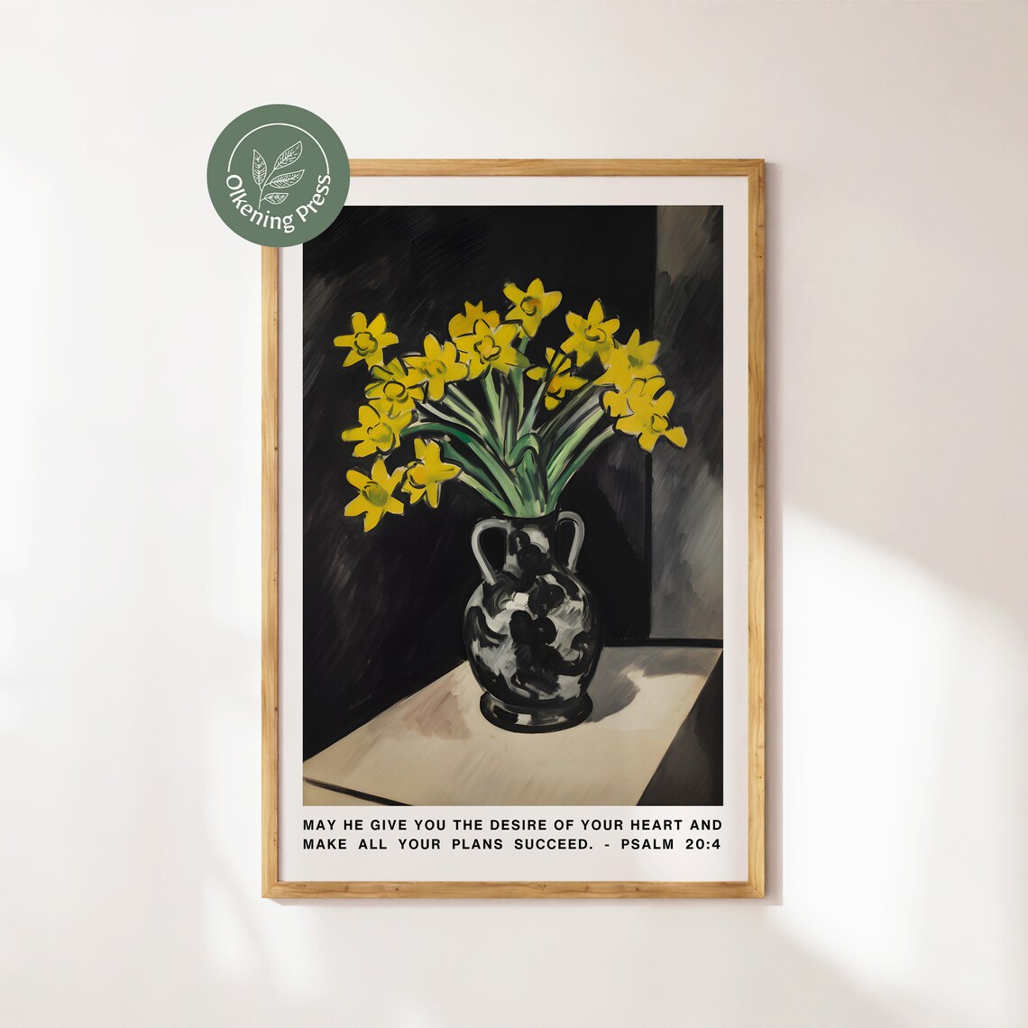 Yellow Daffodils Psalm 20:4 Impressionist Still Life Dark Background Poster - Image 4