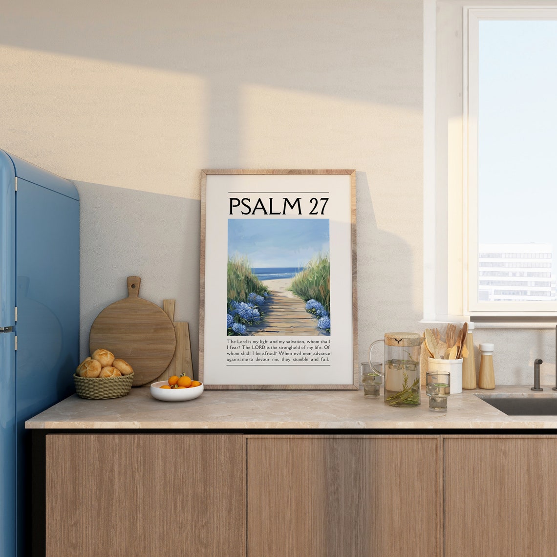 Psalm 27 Beach Boardwalk Hydrangea Ocean Art Scripture Poster - Image 4