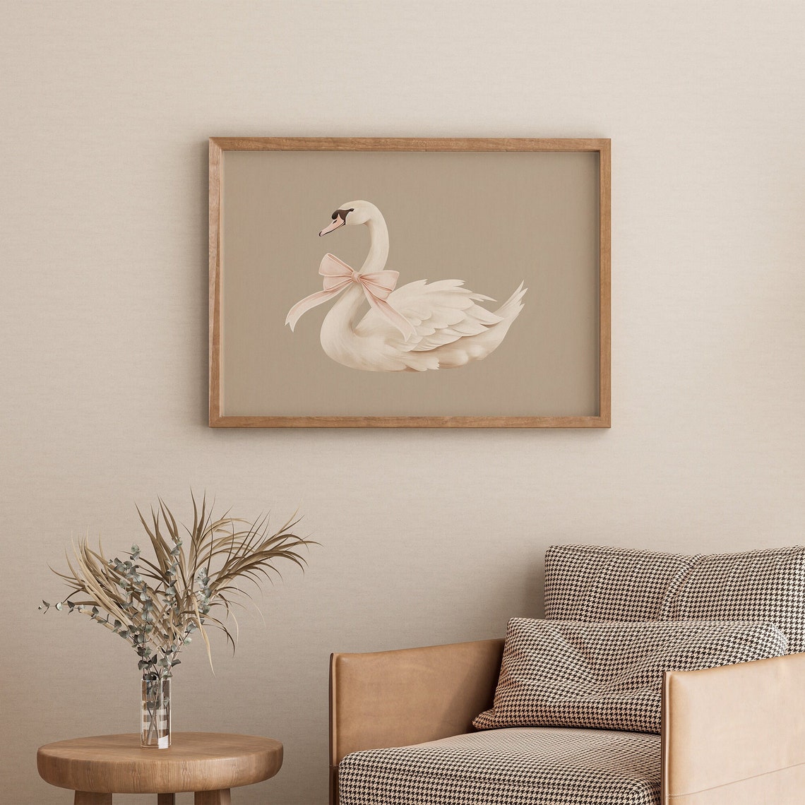 White Swan With Pink Bow Coquette Nursery Animal Print Beige - Image 3