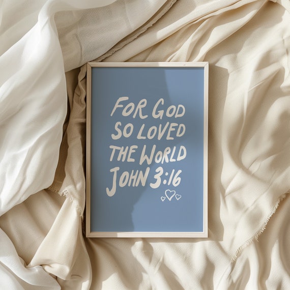 John 316 Christian Wall Art Minimalist Bible Verse Decor Coastal Wall Art Blue Wall Decor Christian Quote Poster