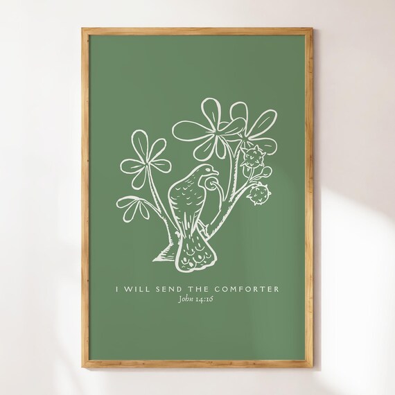 I Will Send the Comforter John 14:16 Green Dove Line Art Poster