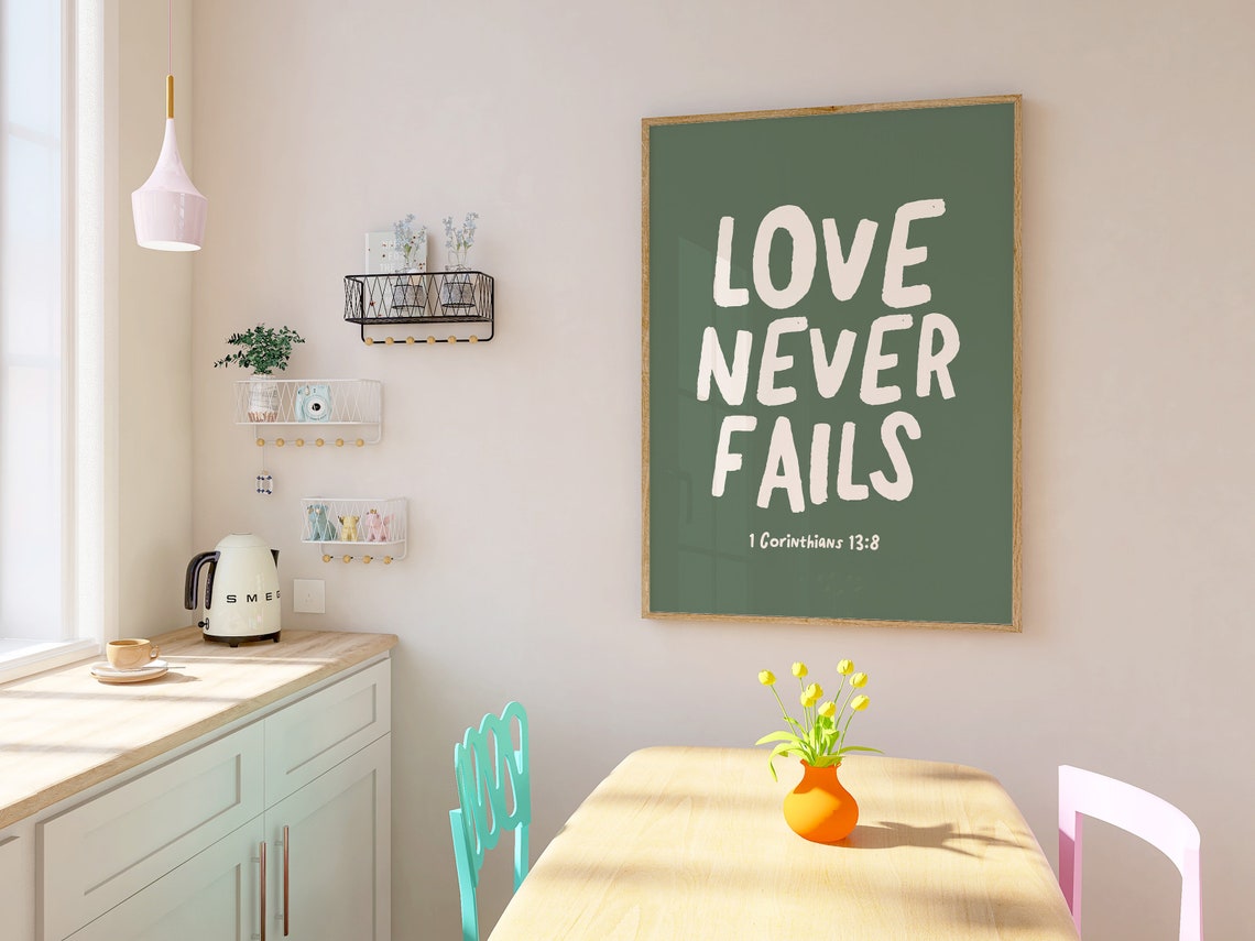 Love Never Fails 1 Corinthians 13:8 Olive Green Bold Quote Wall Art - Image 3