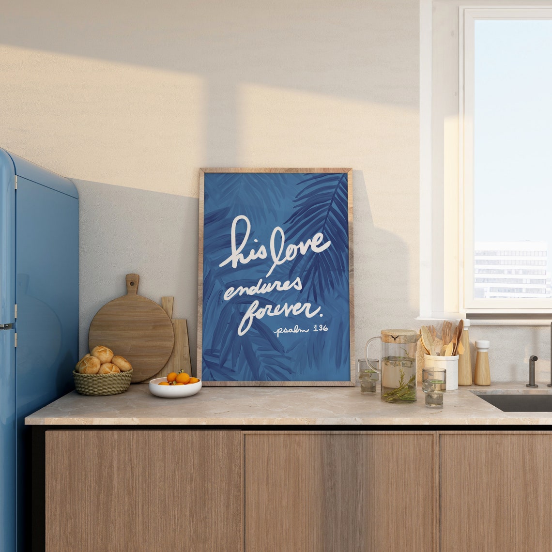 His Love Endures Forever Psalm 136 Blue Palm Leaf Script Poster - Image 4