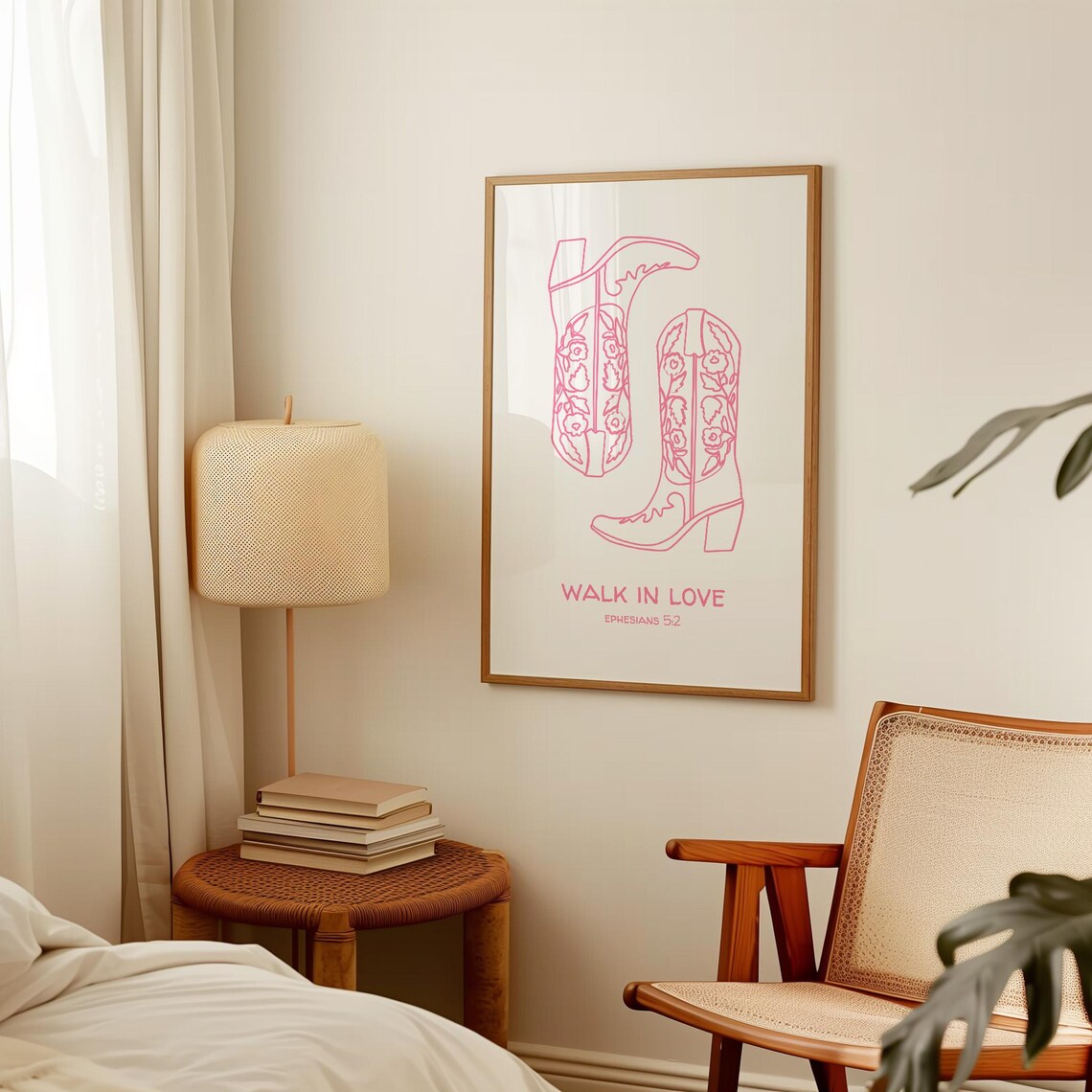Walk In Love Ephesians 5:2 Pink Cowboy Boots Line Art Poster - Image 4