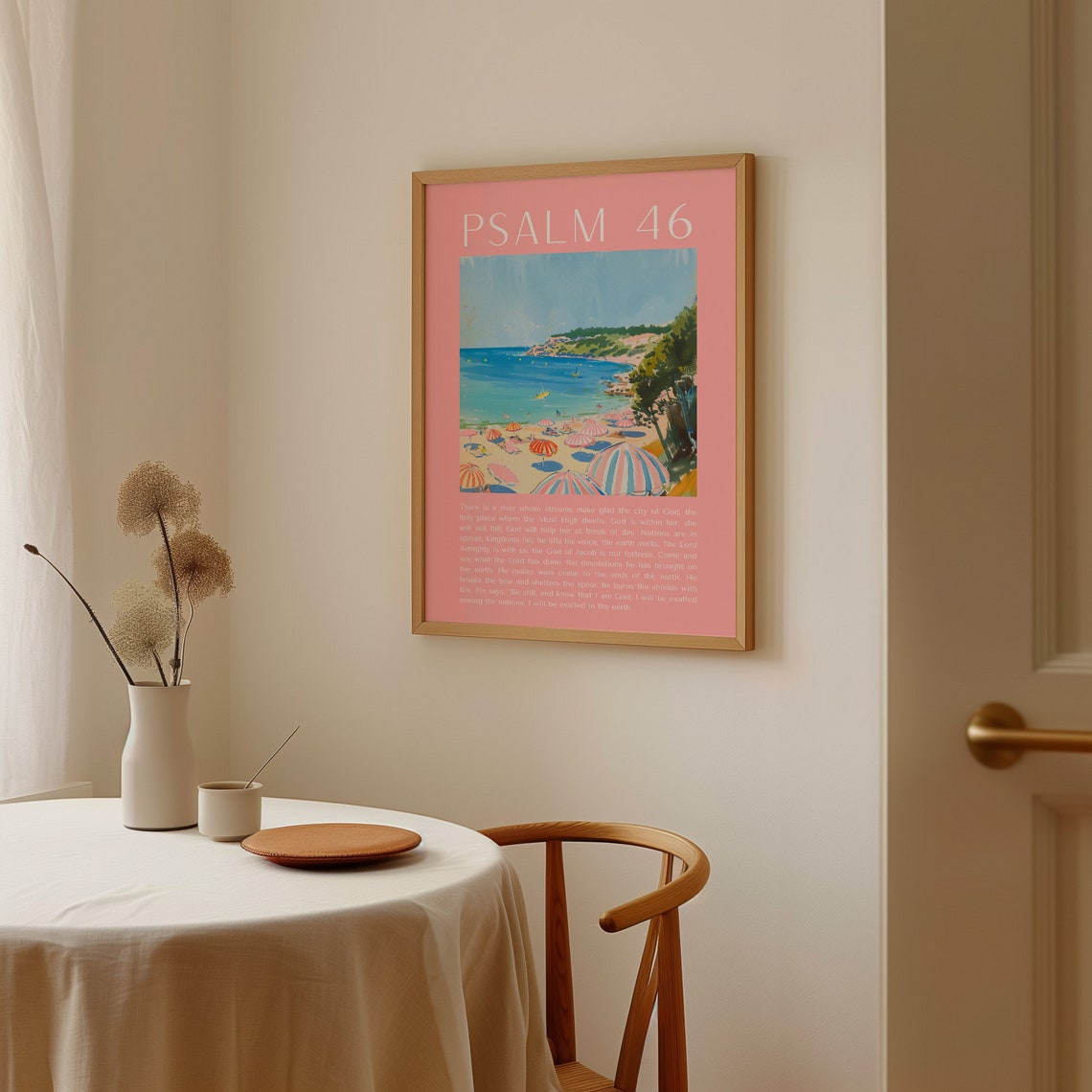 Psalm 46 Beach Umbrella Coastal Painting Pink Scripture Poster - Image 4