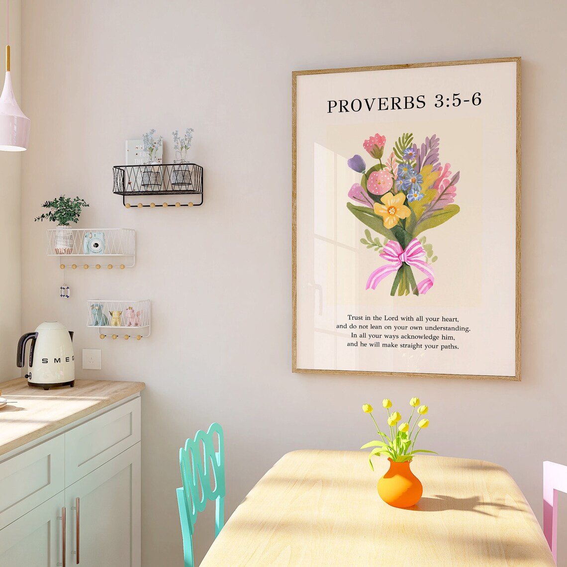 Proverbs 3:5-6 Trust in the Lord Watercolor Bouquet Pink Bow Floral Poster - Image 3