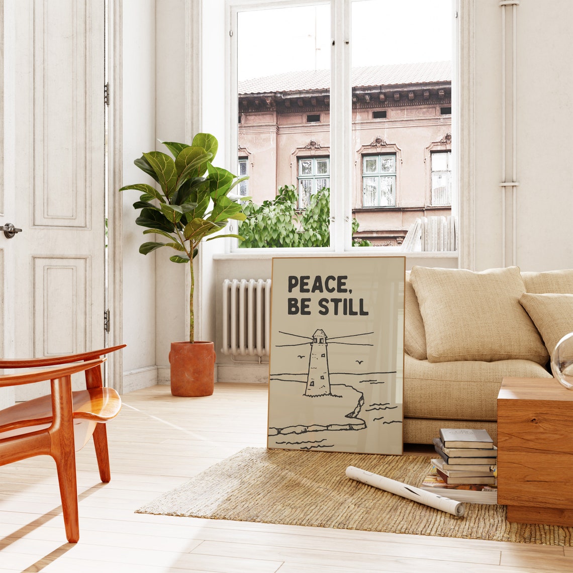 Peace Be Still Christian Wall Art Quote Bible Verse Decor Neutral Wall Art Minimalist Poster Lighthouse Print - Image 3