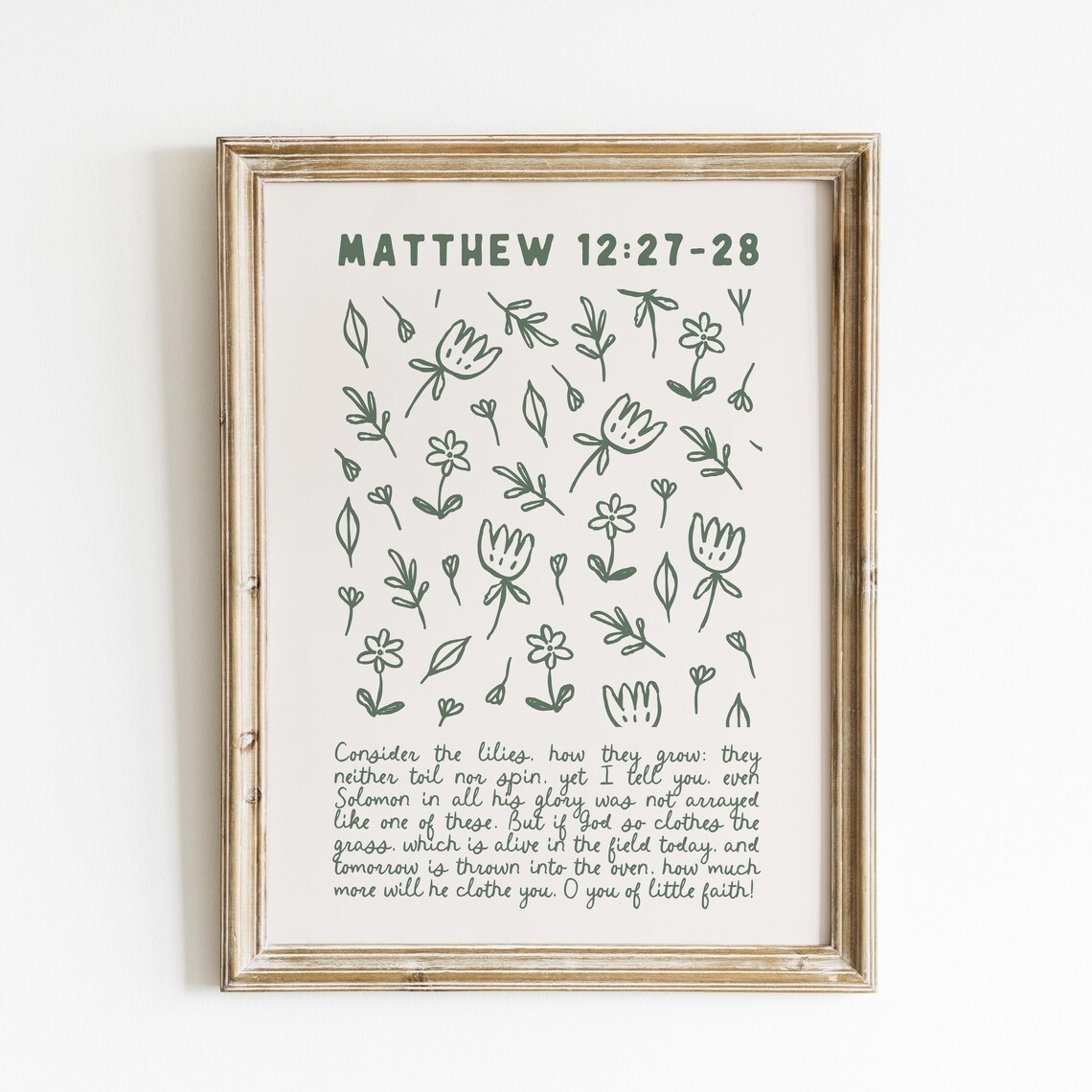 Consider The Lilies Matthew 12 27-28 Sage Green Floral Christian Verse Poster