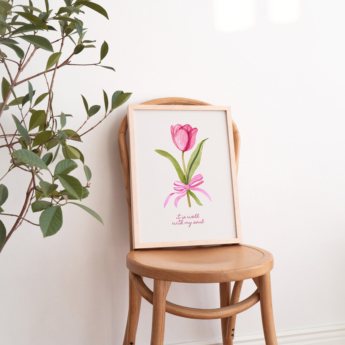 It Is Well With My Soul Pink Tulip Bow Watercolor Art Poster - Image 3