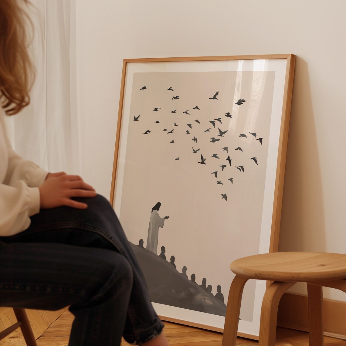 Jesus And The Birds Minimalist Monochrome Bible Story Print Art - Image 3