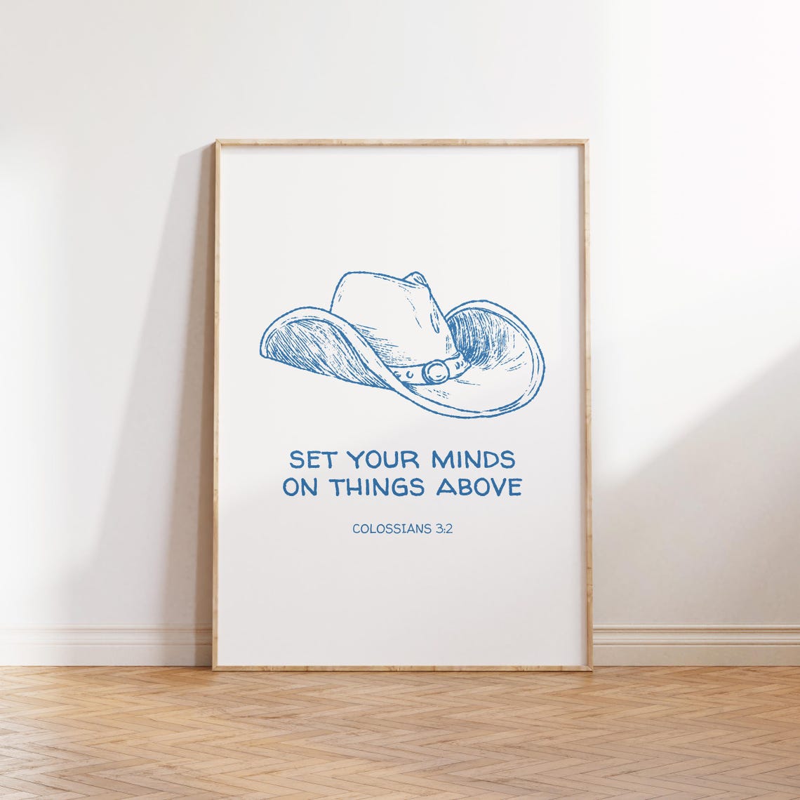 Colossians 3:2 Cowboy Hat Blue Line Art Christian Verse Wall Poster - Image 3