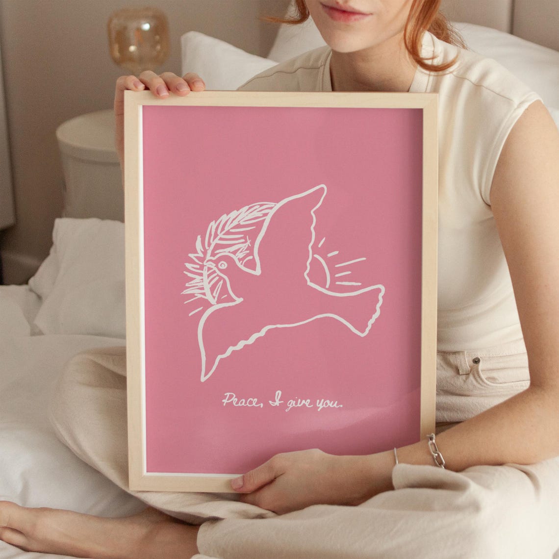 Peace I Give You Dove Pink Christian Line Art Scripture Poster - Image 3