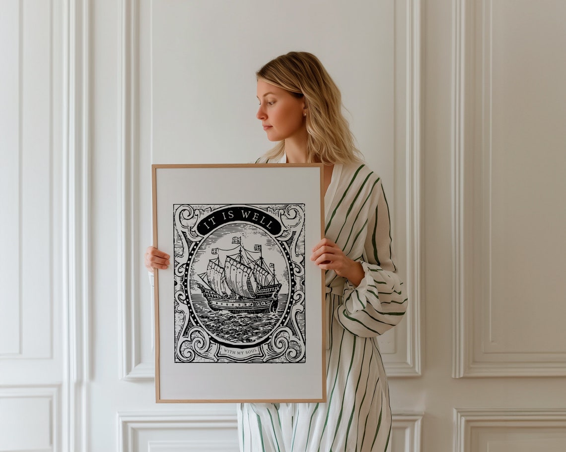 It Is Well With My Soul Vintage Ship Engraving Black Hymn Bible Poster - Image 2