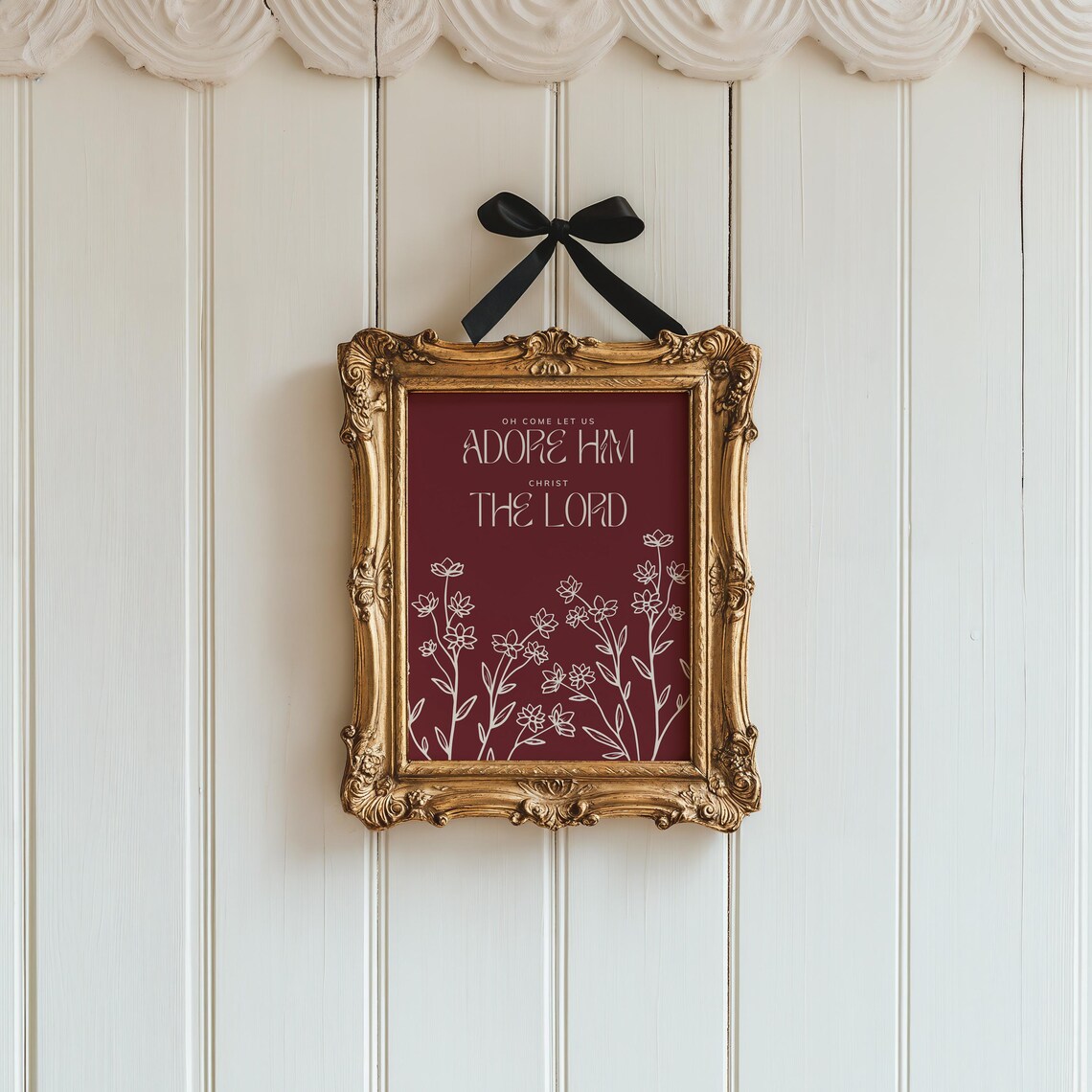 O Come Let Us Adore Him Christ The Lord Burgundy Floral Poster - Image 4