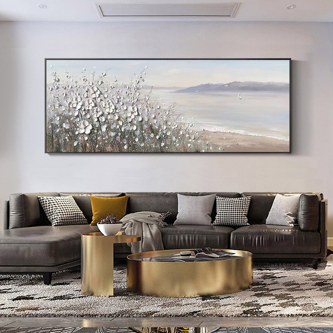 White Flowers By The Water Seascape Sailboat 3D Textured Art Poster - Image 2