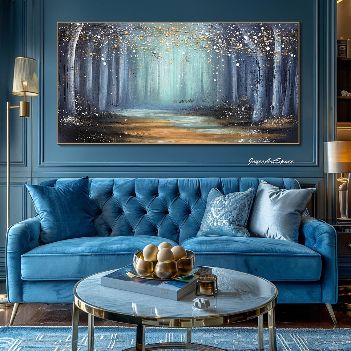 Starry Blue Forest Night Gold Dots Textured 3D Landscape Oil Poster - Image 4