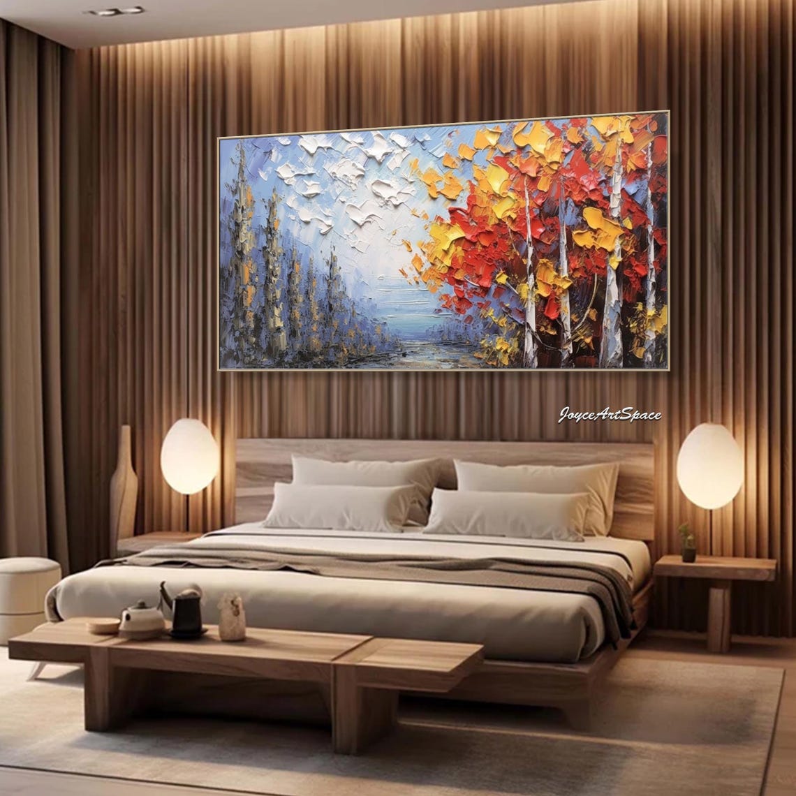 Autumn Trees Red Orange Foliage Misty Blue Forest Impasto Wall Art - Image 3