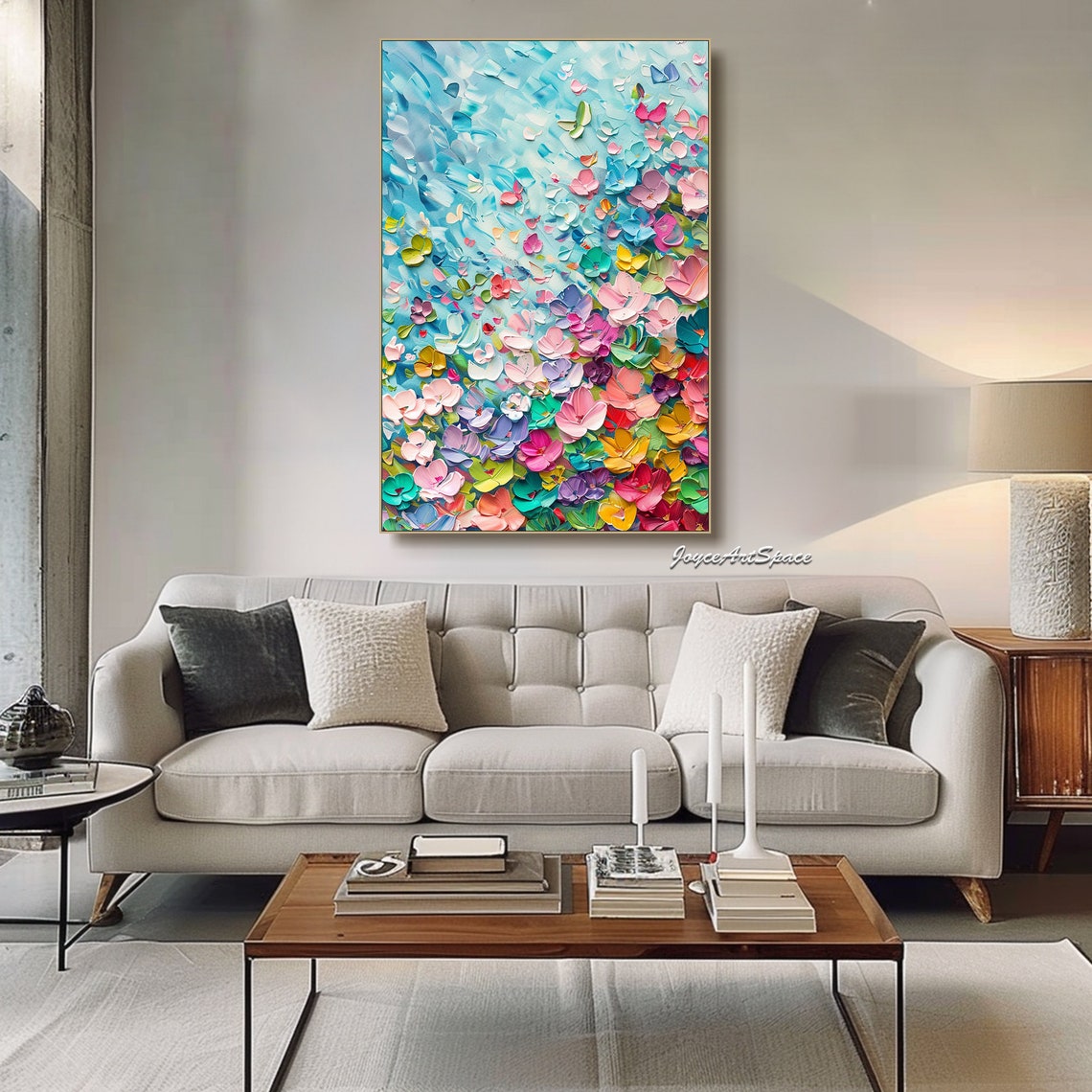 Rainbow Petal Burst Blue Textured 3D Floral Abstract Oil Poster - Image 4