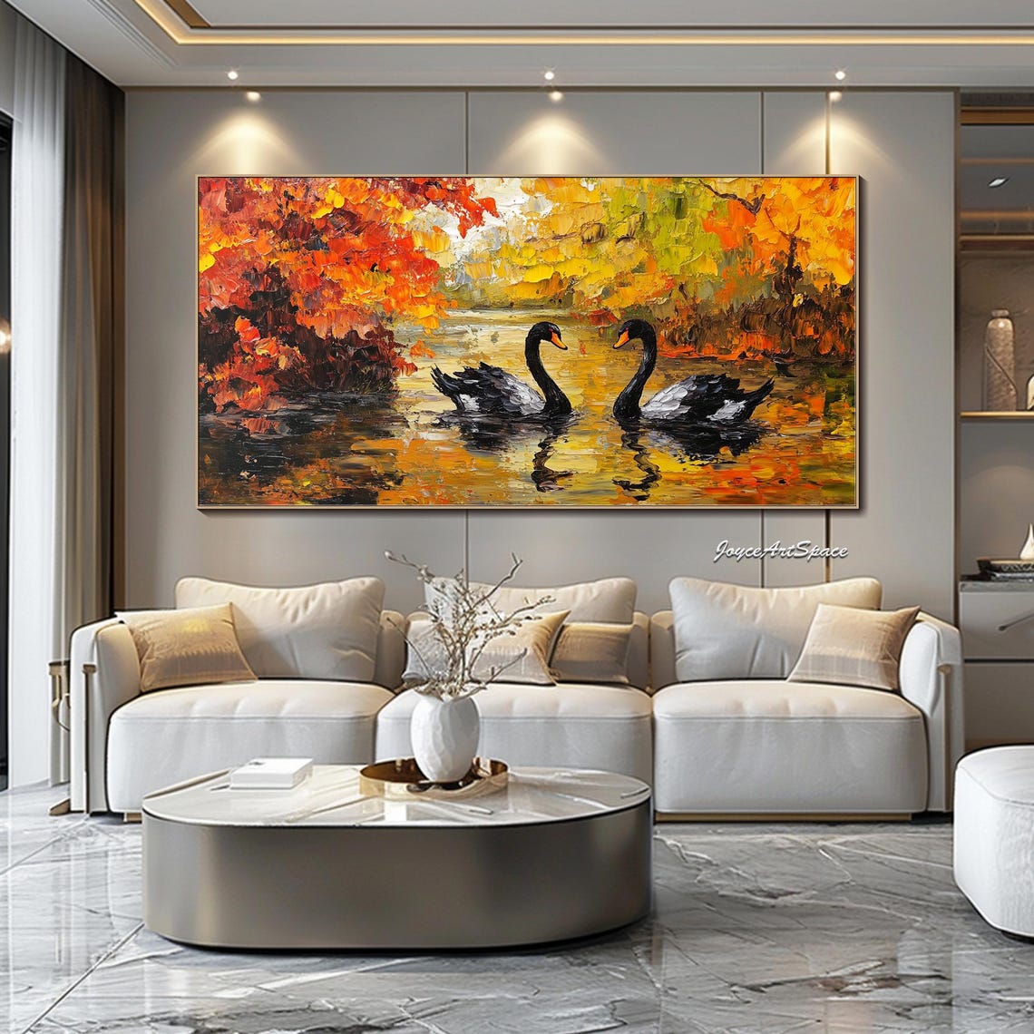 Two Black Swans Autumn Lake Fiery Foliage 3D Impasto Wall Art - Image 2