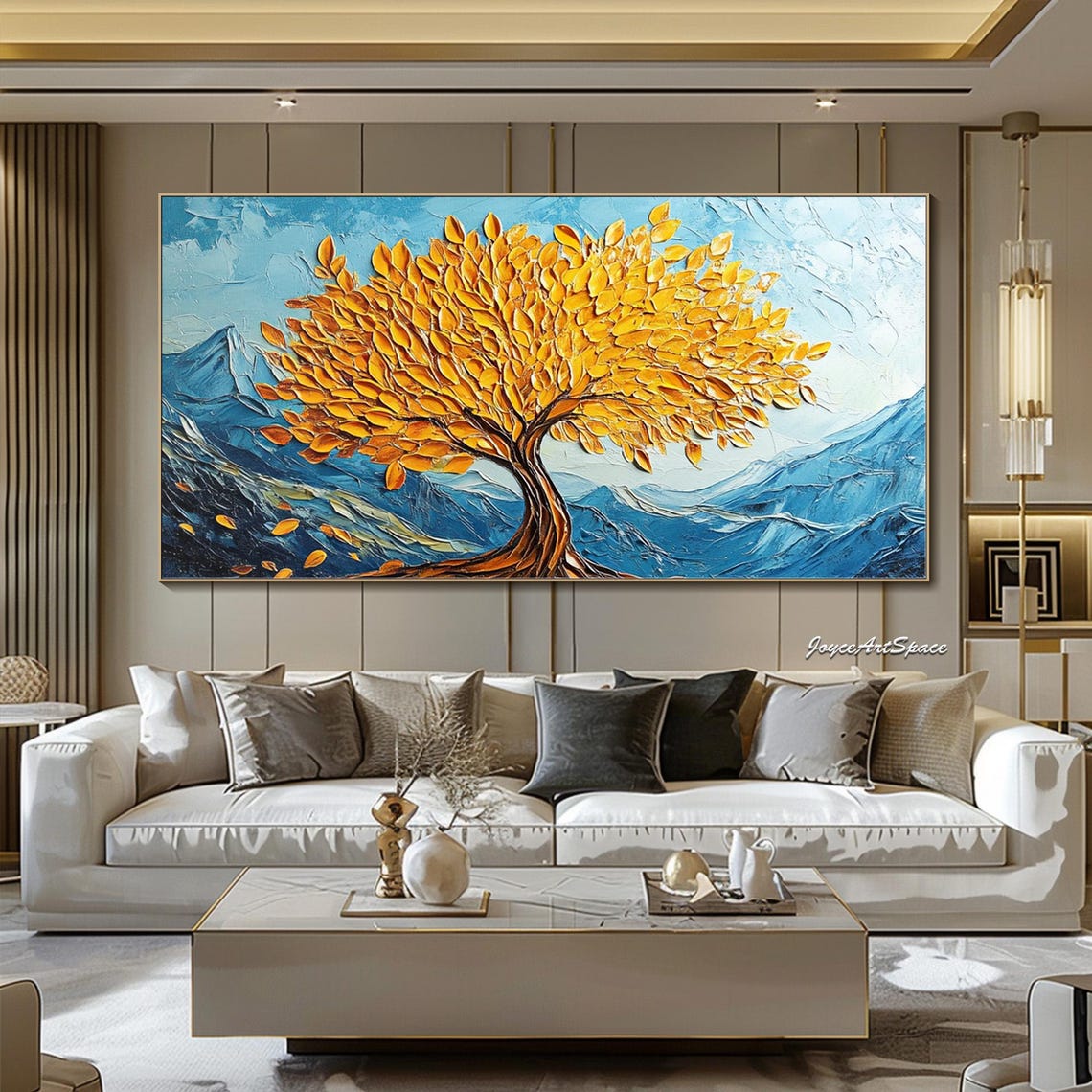 Golden Tree of Life 3D Impasto Blue Mountain Landscape Wall Art - Image 4