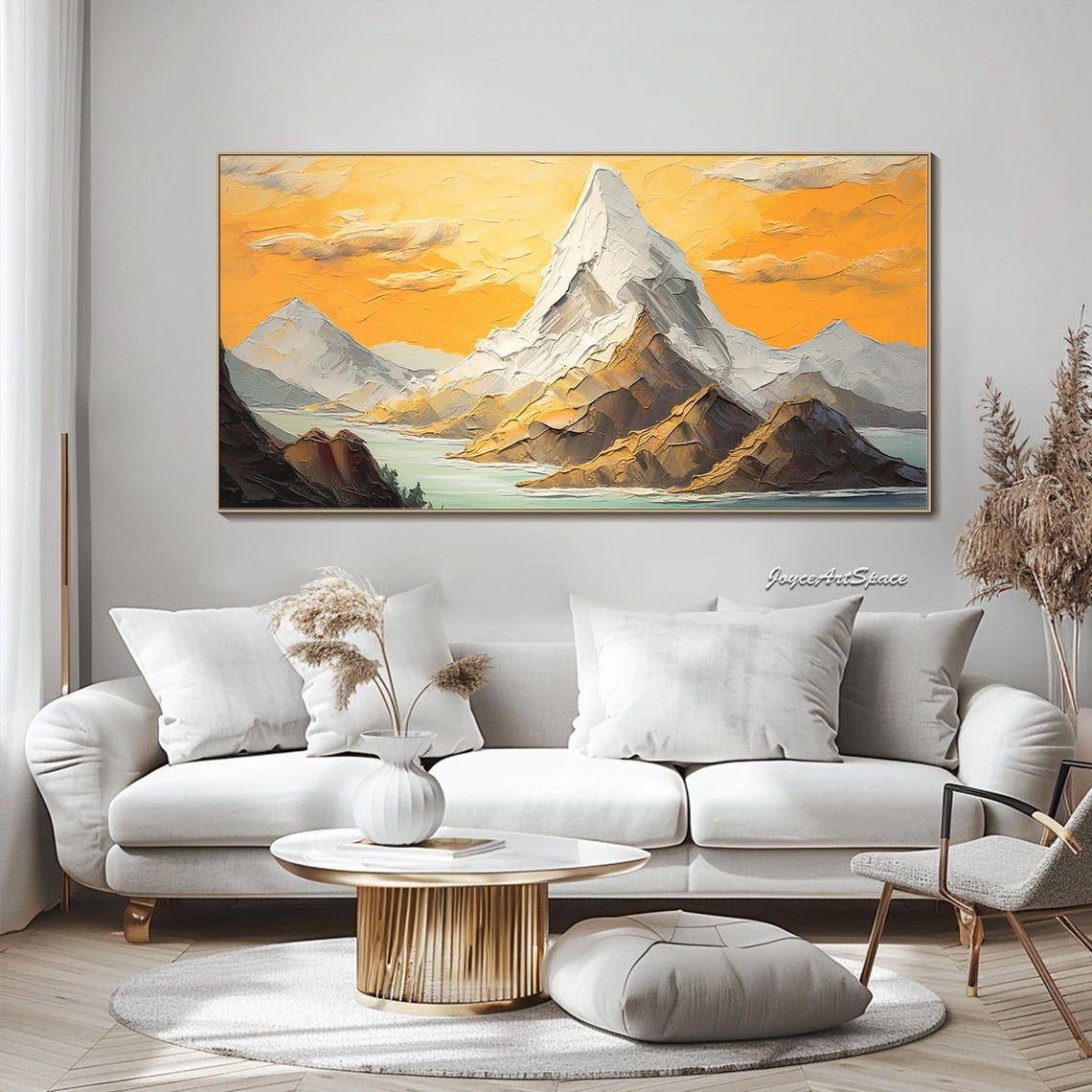 Snowcapped Mountain Golden Sunset Lake View 3D Impasto Wall Art - Image 4