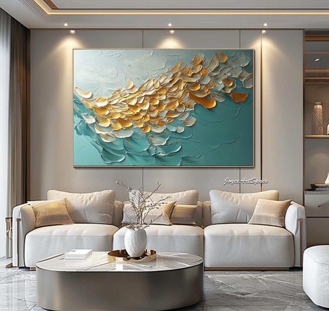 Gold White Feathers Teal Abstract 3D Textured Impasto Wall Art - Image 2