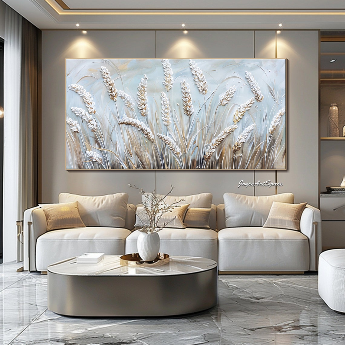 White Wheat Stalks Pale Blue Textured 3D Neutral Art Print Poster - Image 5