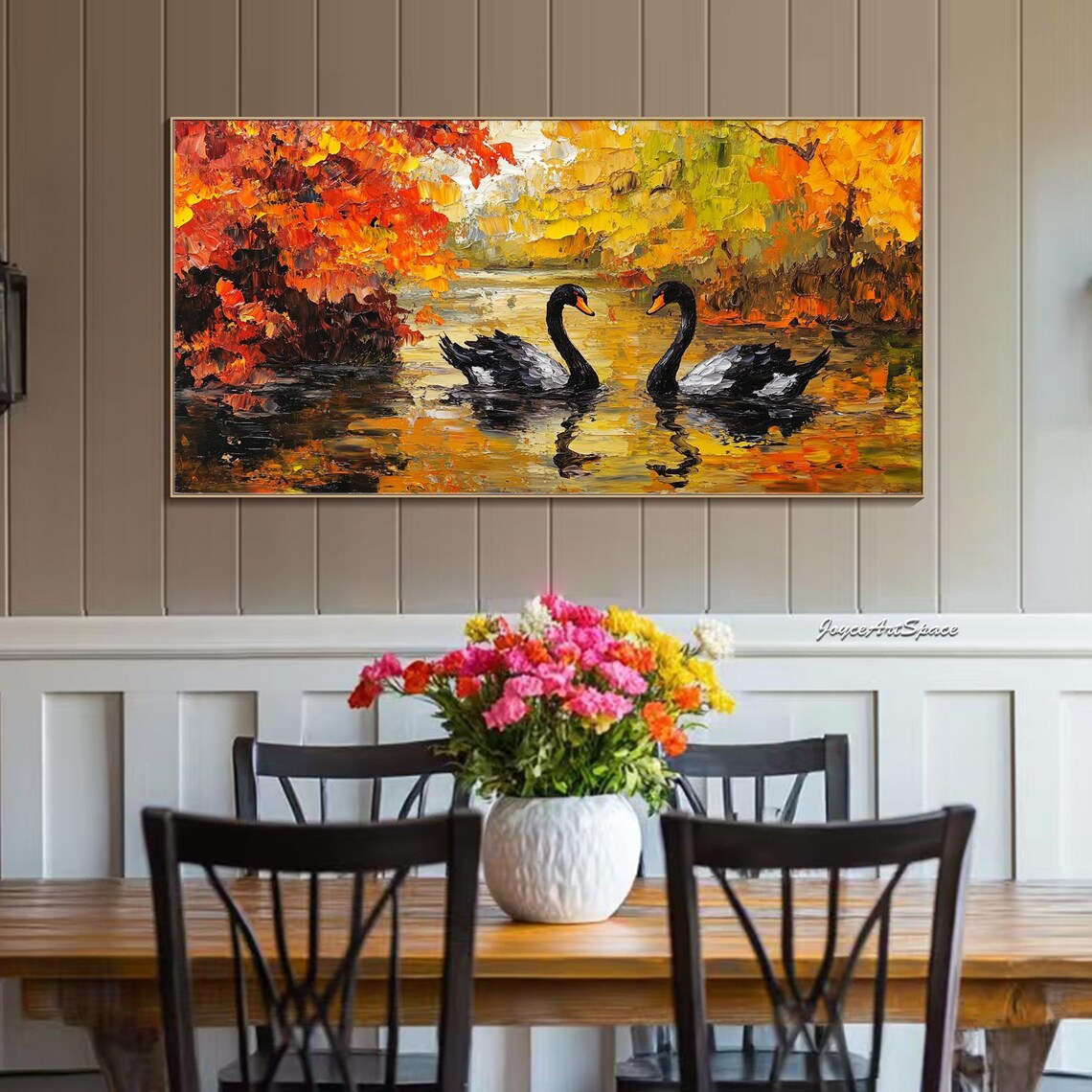 Two Black Swans Autumn Lake Fiery Foliage 3D Impasto Wall Art - Image 5