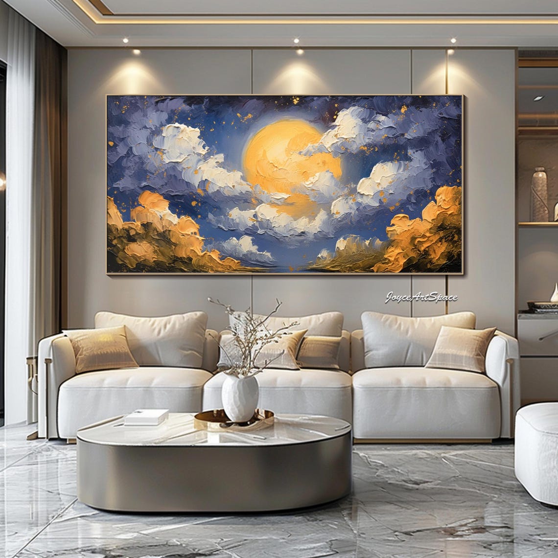 Golden Moonlit Starry Night Clouds Abstract 3D Impasto Wall Art - Image 4