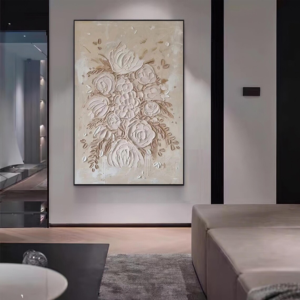 Beige 3D Textured Roses Bouquet Minimalist Floral Oil Painting Poster - Image 3