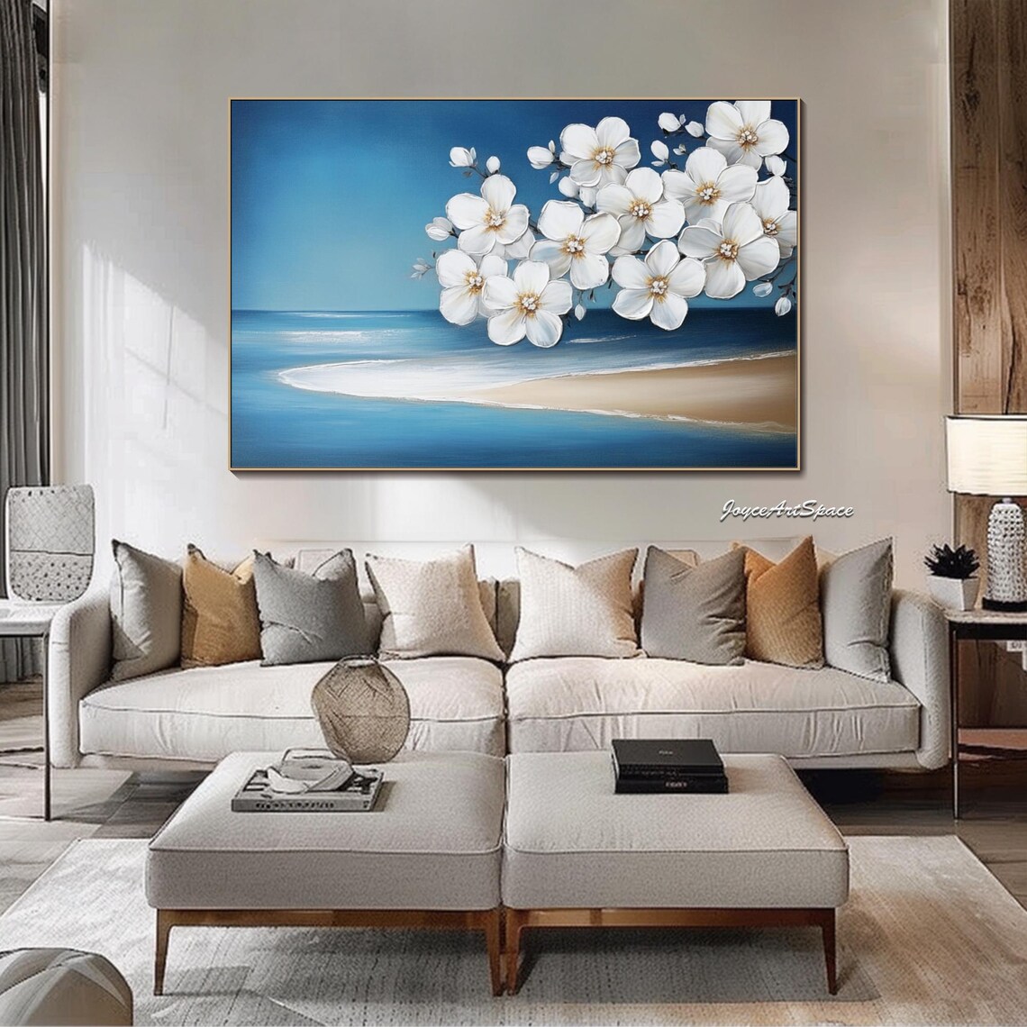 White Blossom Branch Ocean Shore Oil Painting Blue Coastal Floral Wall Art - Image 5