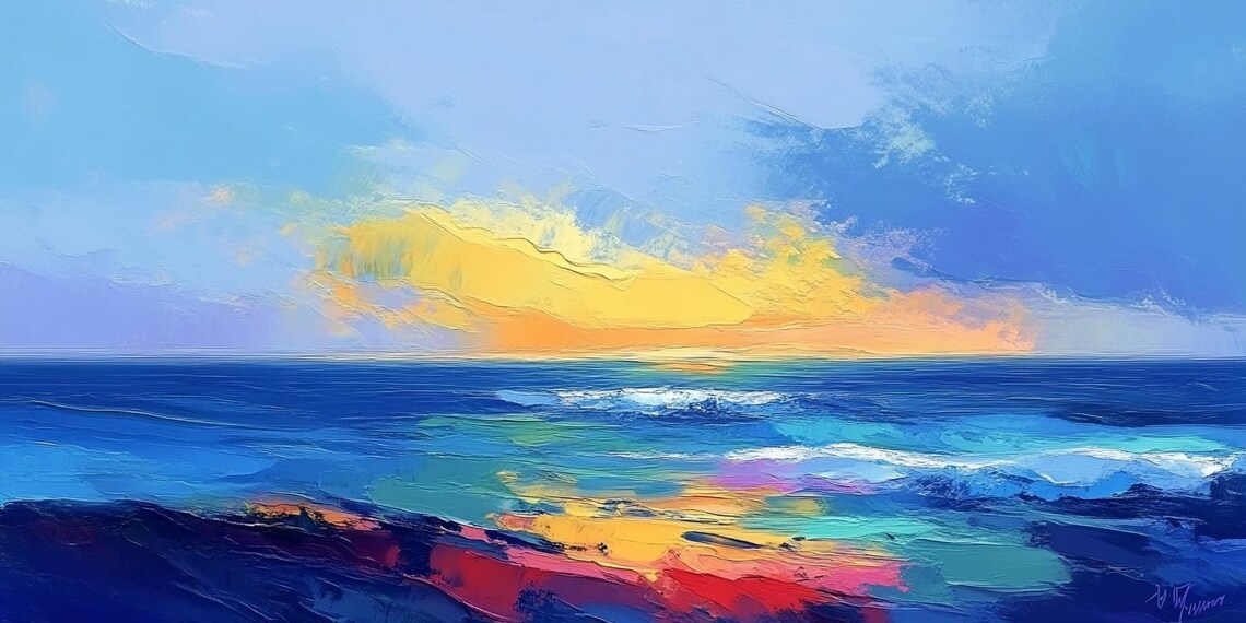 Colorful Ocean Sunset Abstract Oil Painting Vibrant Sea Sky Coastal Wall Art - Image 2