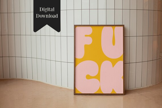 Fck Large Retro Wall Art Funny Wall Art Yellow Pink Pastel Retro Decor Colorful Large Quirky Poster Prints
